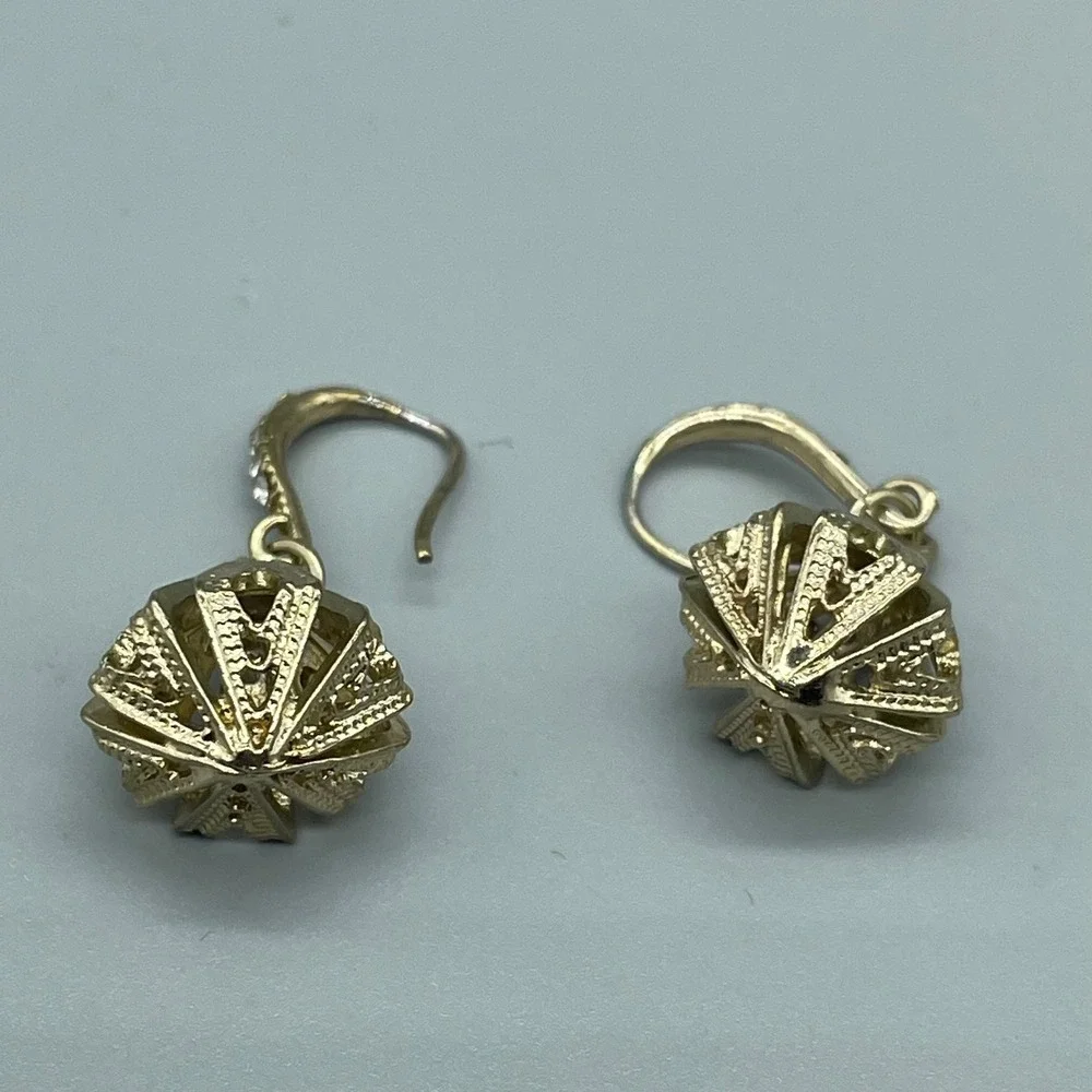 Gold Tone Geometric Cage Drop Earrings Crystal Accent‎ Shepherd Hook Dangle